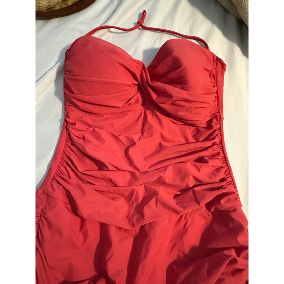 Coral One-Piece Ruched Halter Swimsuit With Padded Cups Gathered Detailing & Ful - Picture 3 of 9